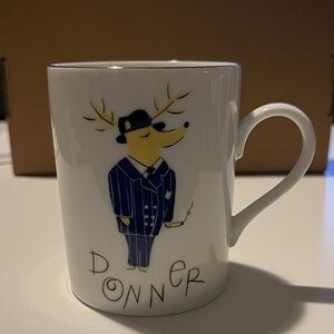 Pottery Barn White Mug with Blue Reindeer Design